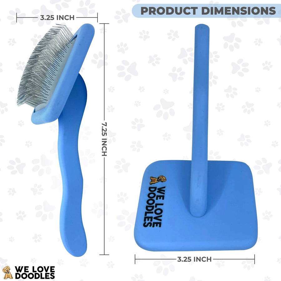 Two views of the blue We Love Doodles slicker brush with size measurements. Overall length 7.25 inches and brush head width 3.25 inches on a white background.