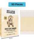 Dog ear swabs box marked 50 pieces next to aligned swabs. Labels show a 7.6 inch tall box, 5.3 inch width, and 6 inch swab length.