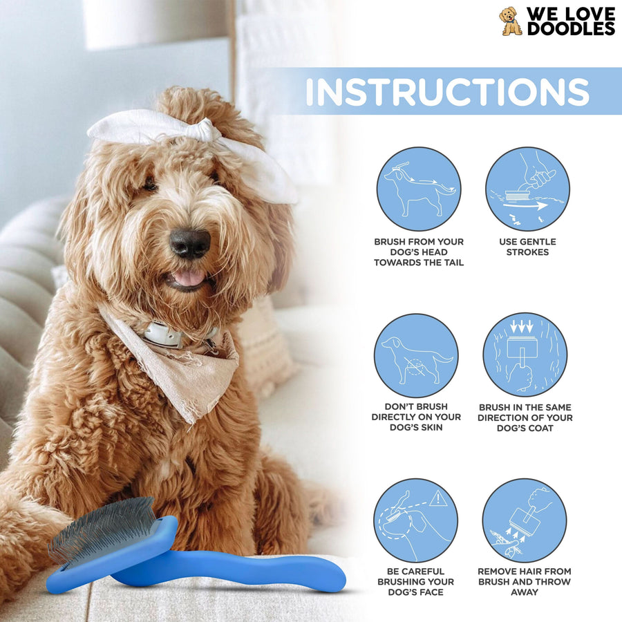 Instruction panel with a dog and blue slicker brush showing steps such as brush from head to tail, use gentle strokes, follow coat direction, and clean hair from the brush.