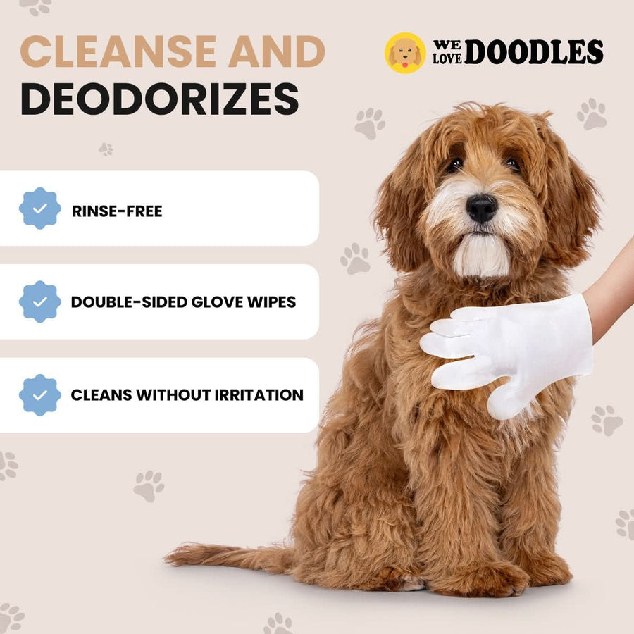 Graphic titled Cleanse and Deodorizes with notes for rinse free and double sided glove wipes while a brown dog is wiped gently.