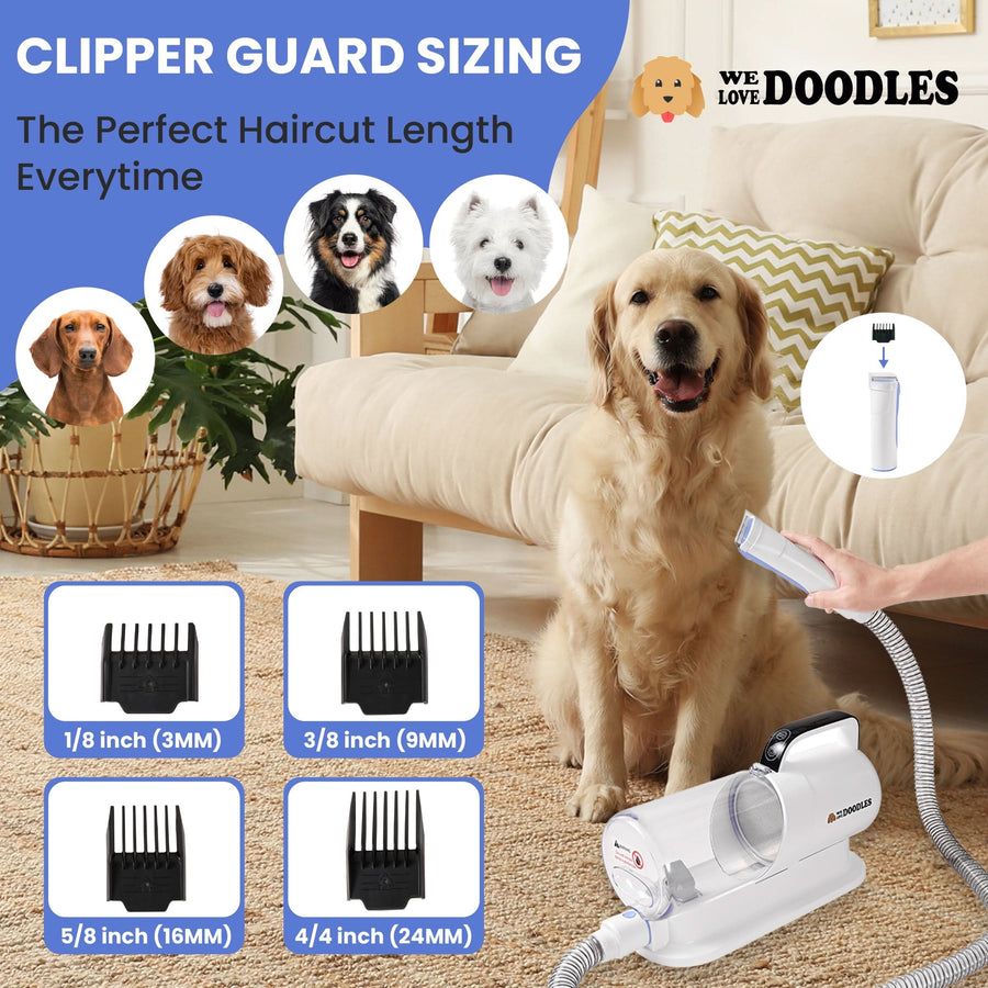 Living room scene with a dog beside the vacuum. A sizing chart displays clipper guard lengths 1/8 in, 3/8 in, 5/8 in, and 1 in to help set the desired haircut length.