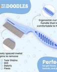 Blue We Love Doodles face and flea comb shown close up with closely spaced metal pins and an ergonomic vented handle on a light graphic background.