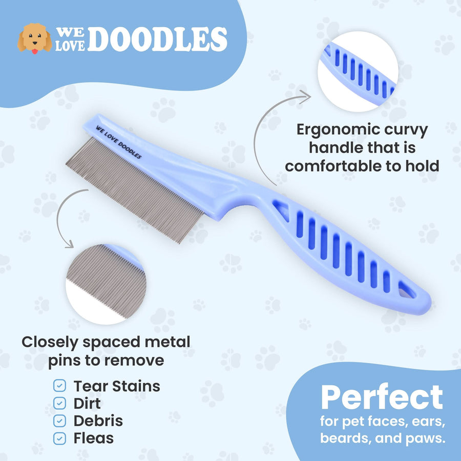 Blue We Love Doodles face and flea comb shown close up with closely spaced metal pins and an ergonomic vented handle on a light graphic background.