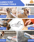 Graphic collage shows dogs being groomed with the kit. Panels label electric hair clipper, slicker brush, paw pad trimmer, nail grinder, vacuum brush, and hair remover roller. The white vacuum unit is centered.
