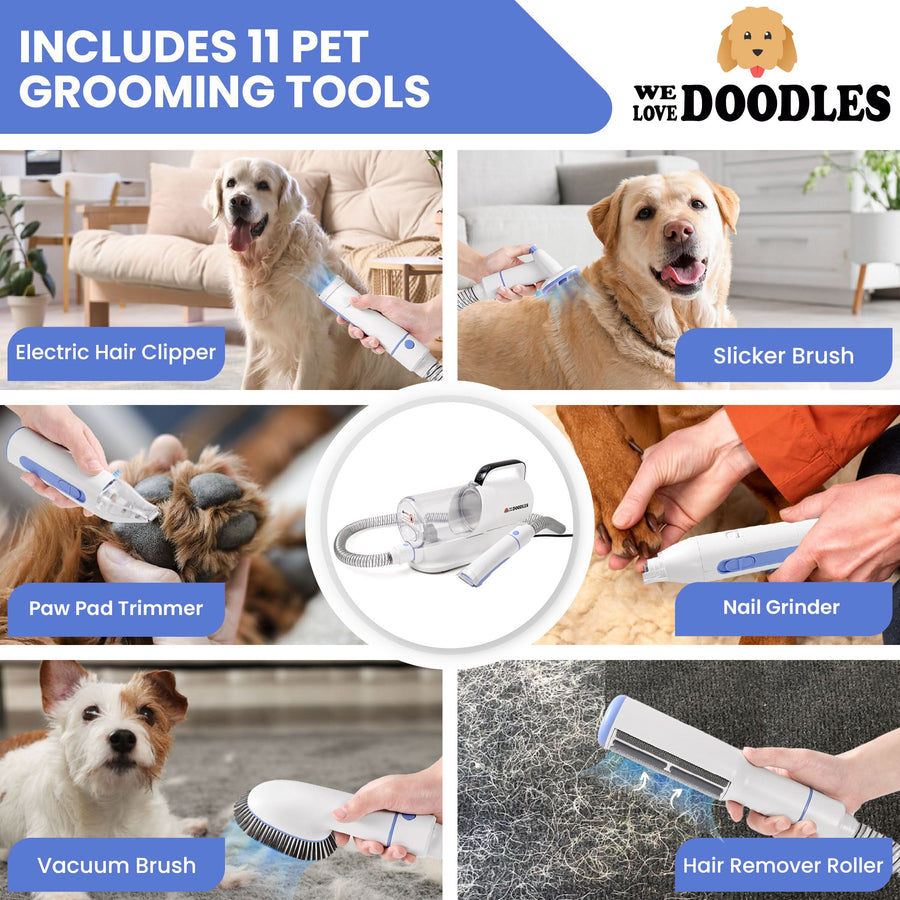 Graphic collage shows dogs being groomed with the kit. Panels label electric hair clipper, slicker brush, paw pad trimmer, nail grinder, vacuum brush, and hair remover roller. The white vacuum unit is centered.