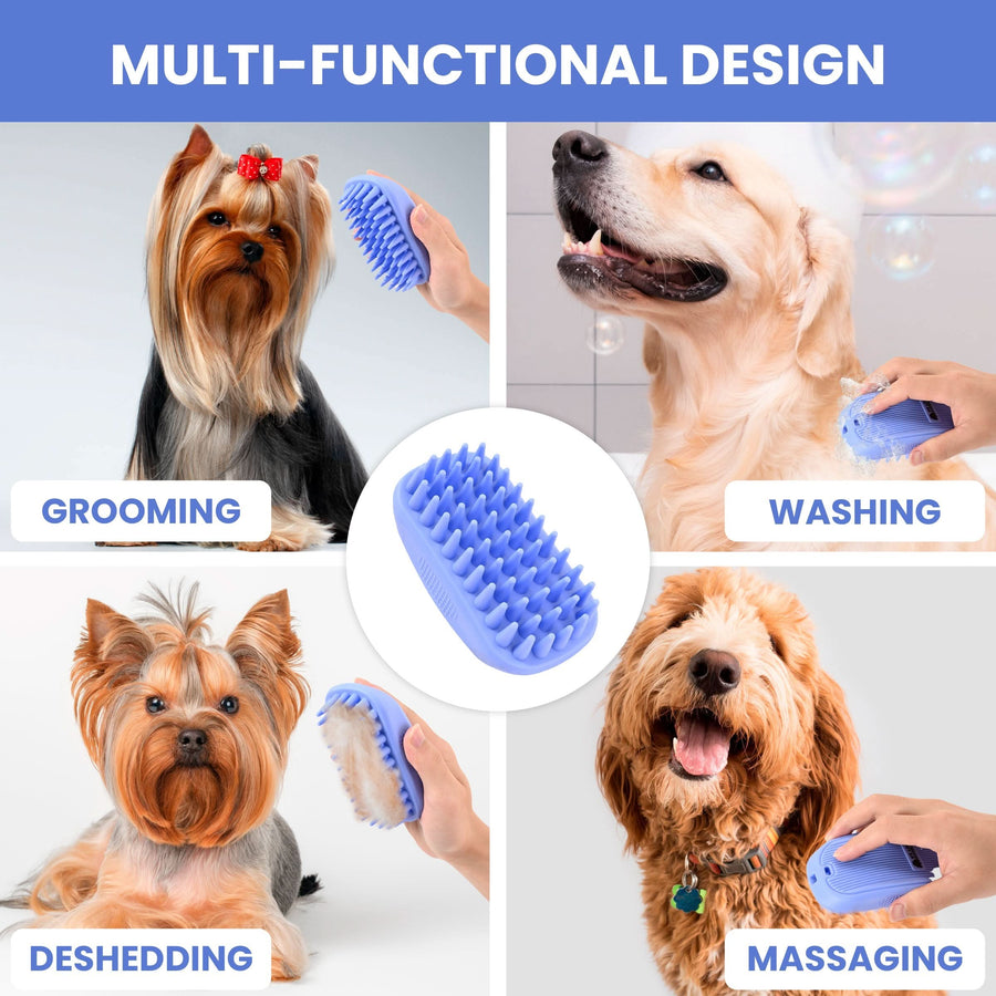 Four images around a blue bath brush show grooming, washing, deshedding, and massaging for different dogs.