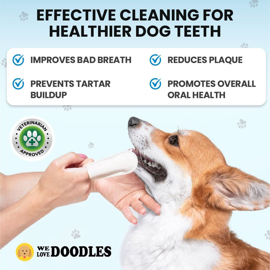 Close view of a corgi having its teeth wiped with a white textured finger wipe. Text callouts show improves bad breath, prevents tartar buildup, reduces plaque, and promotes oral health.