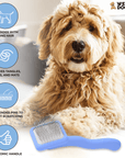 Curly long haired dog lies beside a blue slicker brush. Icons state for dogs with long hair removes tangles knots and mats long bended pins to help prevent scratching and ergonomic handle.