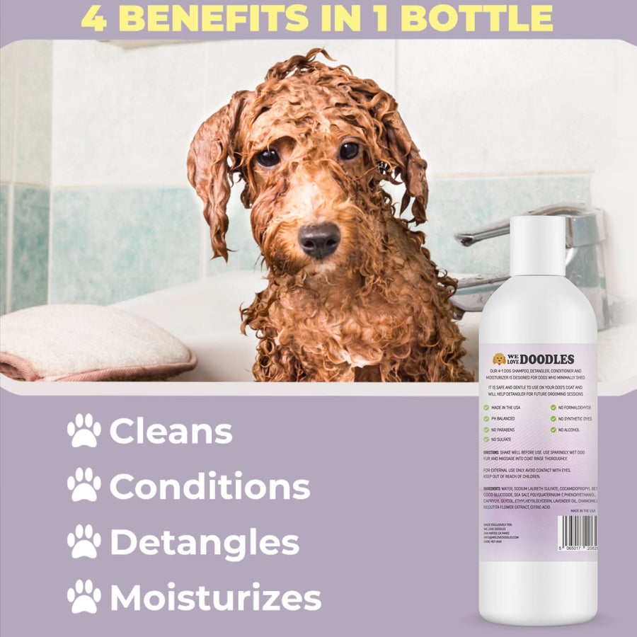 Curly coated dog covered in suds stands in a tub. Next to it a bottle is shown with text that highlights cleans conditions detangles and moisturizes.