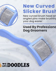 Close up view of a blue curved slicker brush on a paw print background with header text about the new curved slicker brush and a circular detail image.