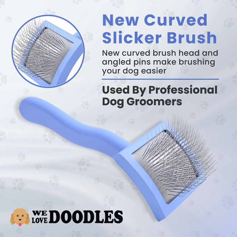 Close up view of a blue curved slicker brush on a paw print background with header text about the new curved slicker brush and a circular detail image.