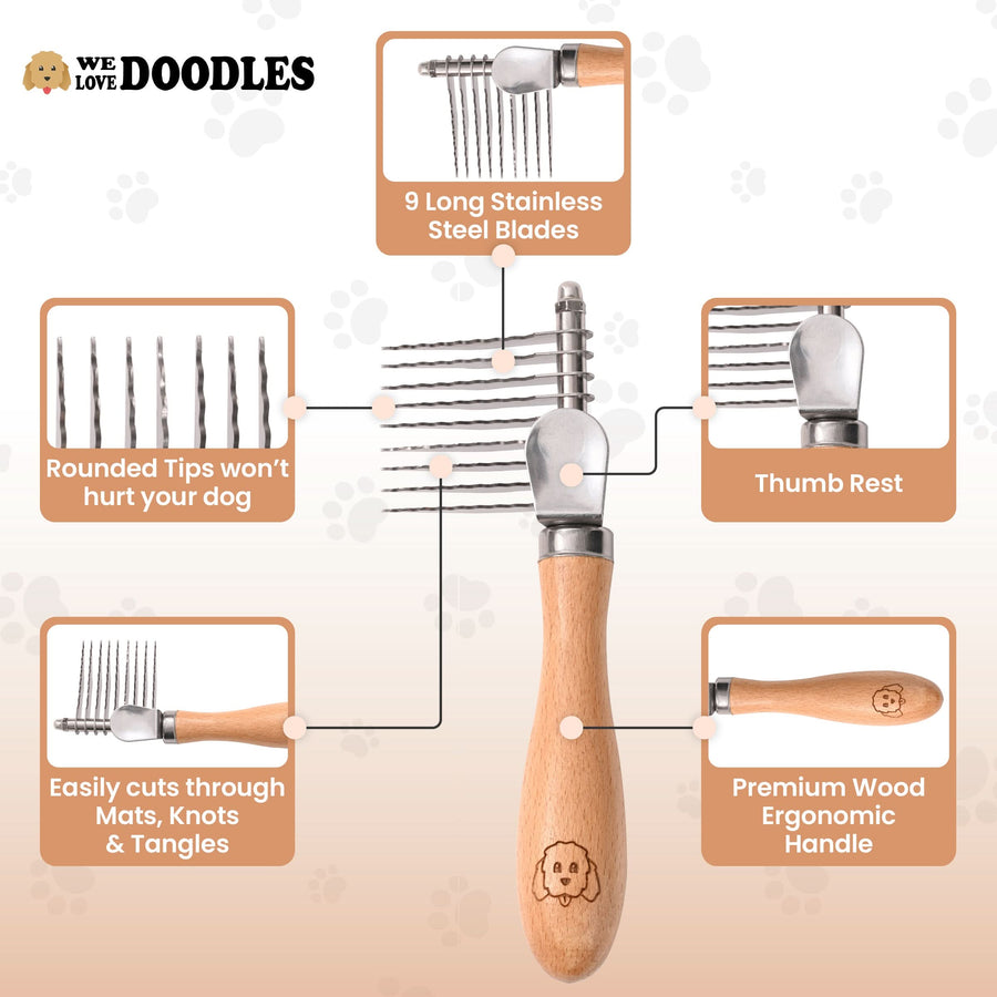Infographic highlights nine long stainless steel blades with rounded tips, a thumb rest, and an ergonomic wooden handle.