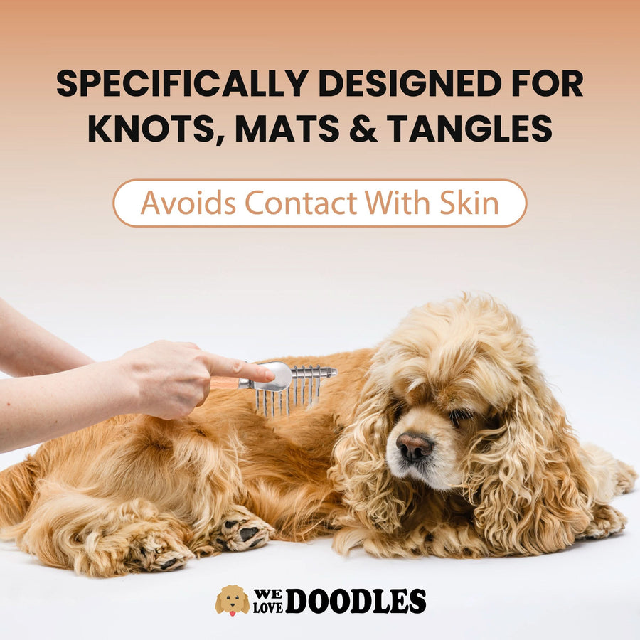 Hand using a dematting rake on a cocker spaniel’s long coat. On screen text says designed for knots, mats, and tangles and notes the tool avoids contact with skin.