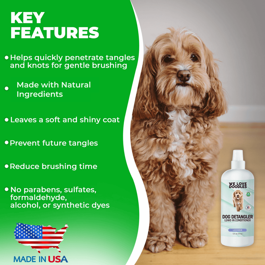 Green feature panel with a We Love Doodles detangler bottle and a small dog. Text highlights natural ingredients soft shiny coat less brushing time and made in USA.