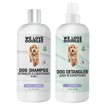 Two We Love Doodles bottles on a white background. Left is the 4 in 1 dog shampoo with lavender and chamomile. Right is the leave in detangler spray in lavender.