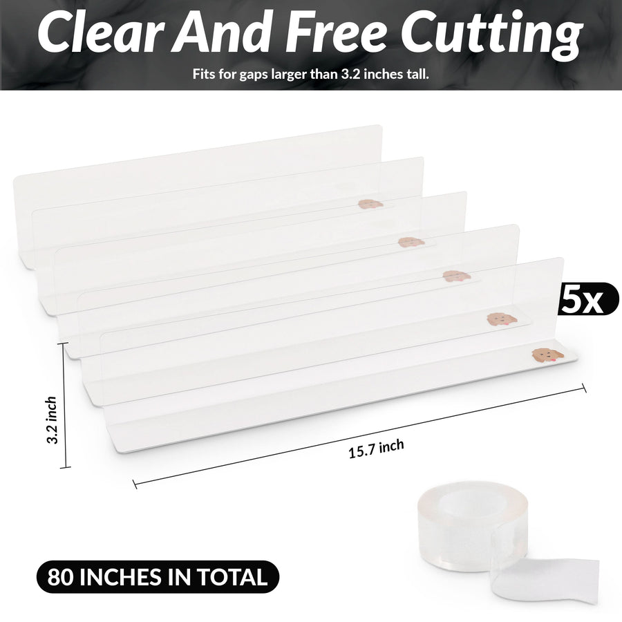 Five clear L shaped panels and a roll of tape with measurements of 3.2 inch height and 15.7 inch length per piece. Text notes a total of 80 inches.