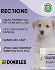 Instruction image on a purple background titled directions. Four steps are shown beside a sitting puppy and the product jar. A badge reads veterinarian approved.