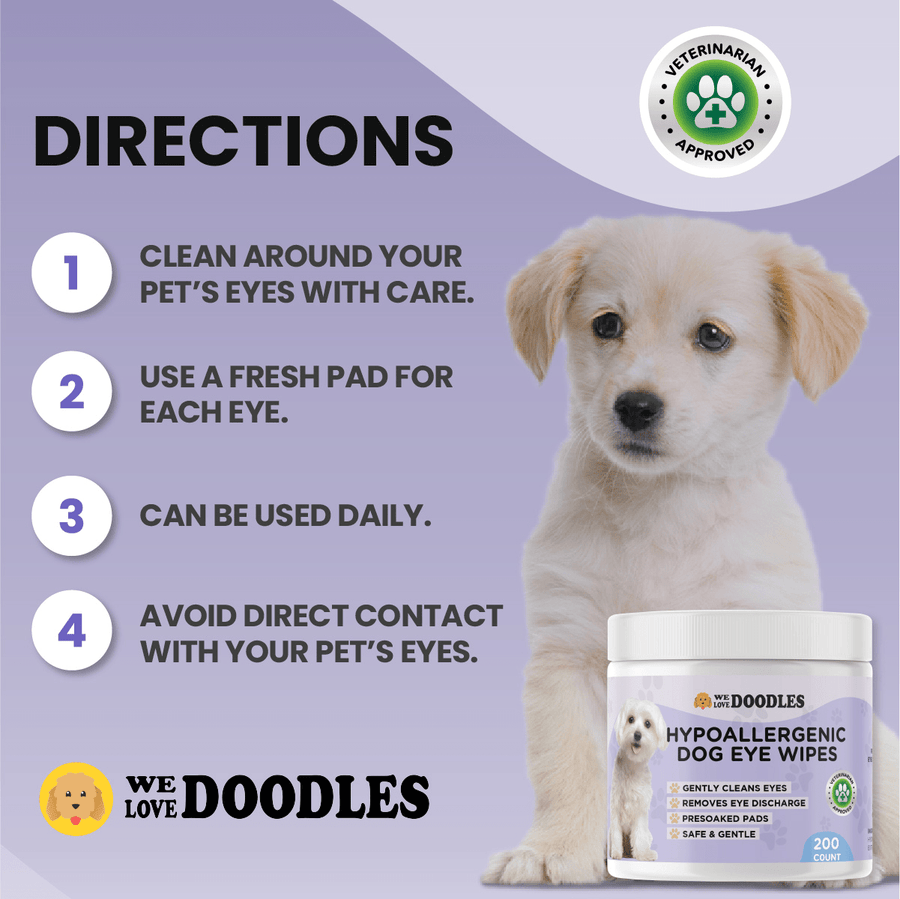 Instruction image on a purple background titled directions. Four steps are shown beside a sitting puppy and the product jar. A badge reads veterinarian approved.