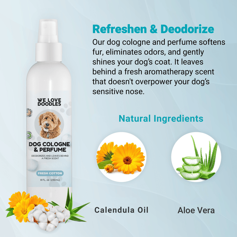 Bottle next to circular images of calendula flowers and aloe vera under a natural ingredients heading. Text highlights refresh and deodorize benefits and the Fresh Cotton scent.