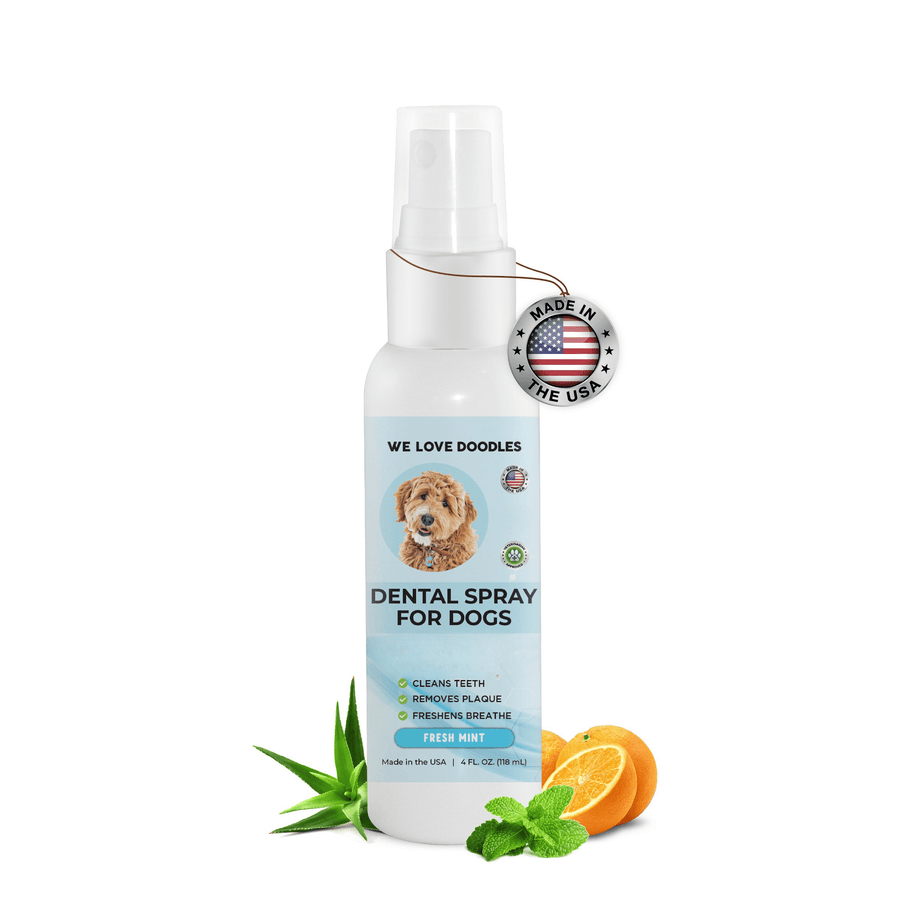 White spray bottle labeled We Love Doodles Dental Spray for Dogs with a blue label and doodle graphic. A Made in the USA tag hangs on the neck. Aloe leaves, orange slices, and mint sit at the base.