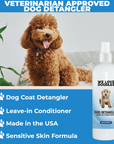 Promotional graphic with a curly red dog and the bottle. Text highlights dog coat detangler, leave in conditioner, made in the USA, and sensitive skin formula.