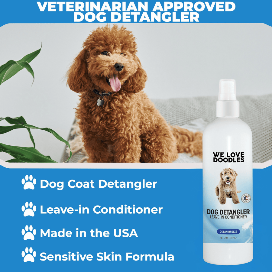 Promotional graphic with a curly red dog and the bottle. Text highlights dog coat detangler, leave in conditioner, made in the USA, and sensitive skin formula.