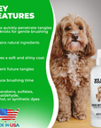 Feature list shows a detangler bottle next to a fluffy dog with notes on natural ingredients, soft shiny coat, fewer tangles, reduced brushing time, and no harsh additives.