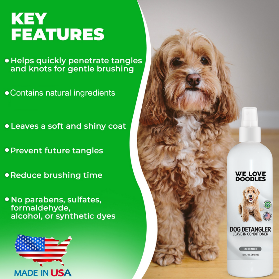 Feature list shows a detangler bottle next to a fluffy dog with notes on natural ingredients, soft shiny coat, fewer tangles, reduced brushing time, and no harsh additives.