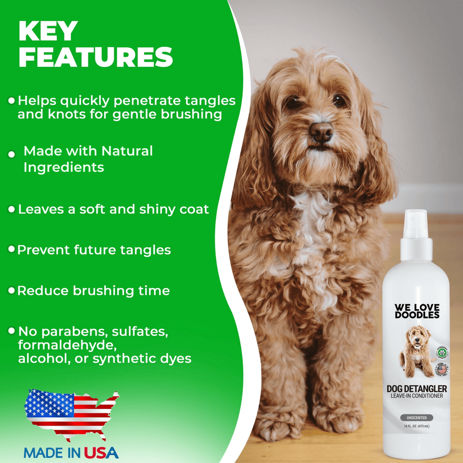 Green feature panel with a doodle dog and a white bottle labeled Dog Detangler Leave In Conditioner unscented. Text highlights quick detangling natural ingredients and made in USA.