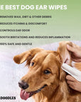 A person lifts a dog's ear and wipes with a white finger pad. On screen text lists removes wax, reduces itching, controls odor, soothes irritations, and safe gentle. Brand logo is at the bottom.