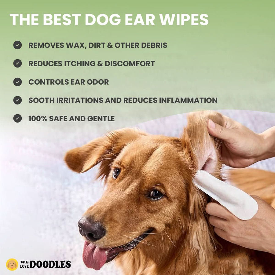 A person lifts a dog's ear and wipes with a white finger pad. On screen text lists removes wax, reduces itching, controls odor, soothes irritations, and safe gentle. Brand logo is at the bottom.
