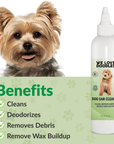 Bottle labeled Dog Ear Cleaner next to a close view of dog ears with text that lists cleans, deodorizes, removes debris, and reduces wax buildup.