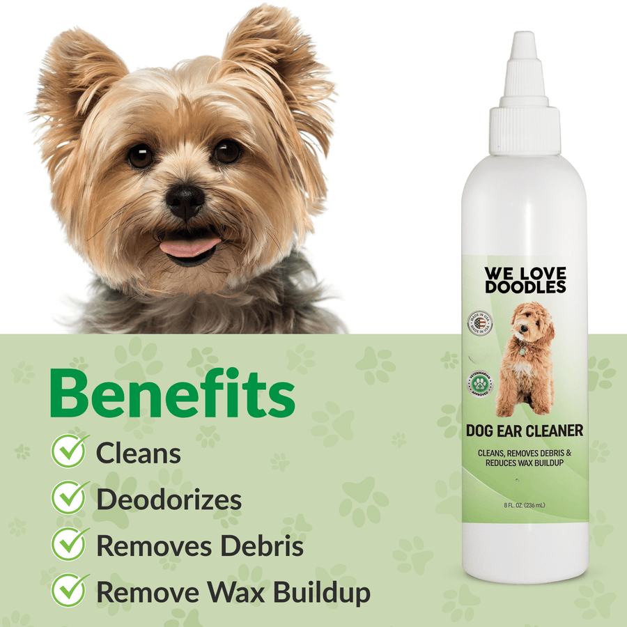 Bottle labeled Dog Ear Cleaner next to a close view of dog ears with text that lists cleans, deodorizes, removes debris, and reduces wax buildup.