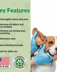 Green feature card with a bottle and a gloved hand lifting a dog ear. Text highlights cleans ears, removes debris and wax, reduces odor, and is non irritating.