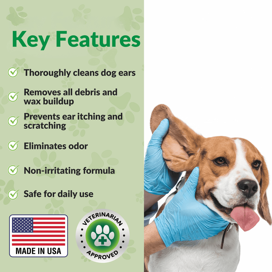 Green feature card with a bottle and a gloved hand lifting a dog ear. Text highlights cleans ears, removes debris and wax, reduces odor, and is non irritating.