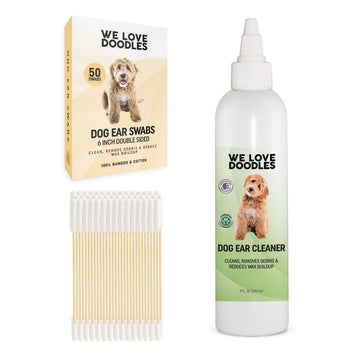 White ear cleaner bottle beside a beige box of dog ear swabs and a bundle of long bamboo cotton swabs. The kit shows one bottle and 50 long swabs.