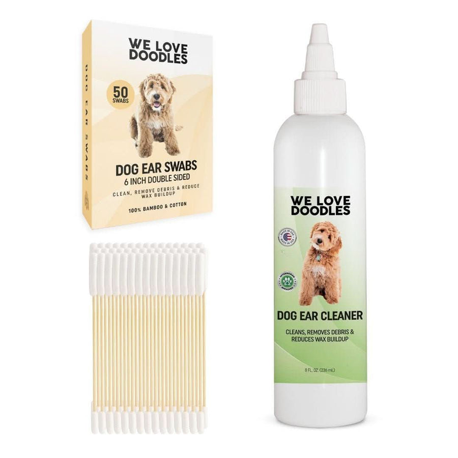 White ear cleaner bottle beside a beige box of dog ear swabs and a bundle of long bamboo cotton swabs. The kit shows one bottle and 50 long swabs.