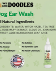 Ingredient list shows water, witch hazel, tea tree oil, rosemary extract, clove oil, chamomile extract, and aloe leaf juice with Made in USA and free from icons.
