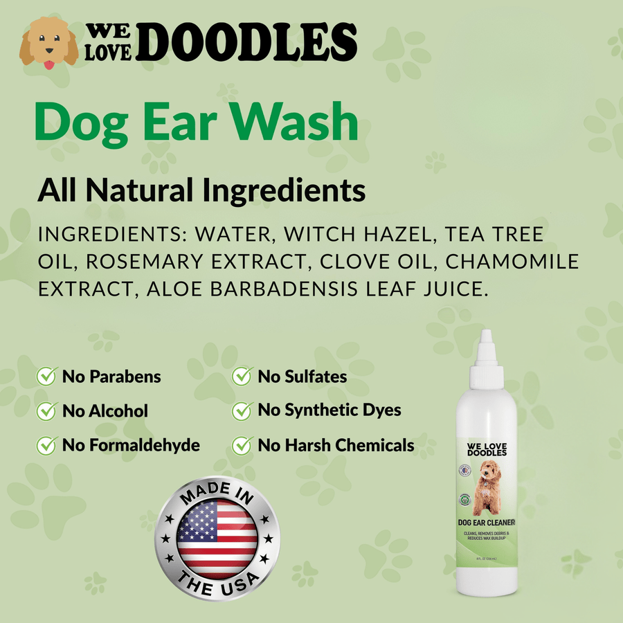 Ingredient list shows water, witch hazel, tea tree oil, rosemary extract, clove oil, chamomile extract, and aloe leaf juice with Made in USA and free from icons.