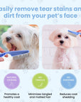 A hand uses a blue face comb on a small white dog. The collage shows grooming icons and text about tear stains tangles and shedding on a light paw print background.