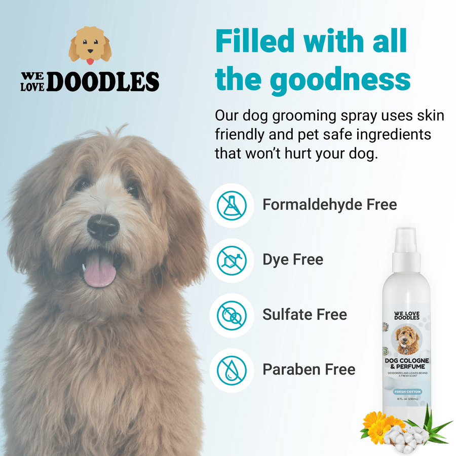Graphic with a fluffy dog and text callouts formaldehyde free dye free sulfate free and paraben free. A small bottle appears on the right with blue icons for pet safe features.