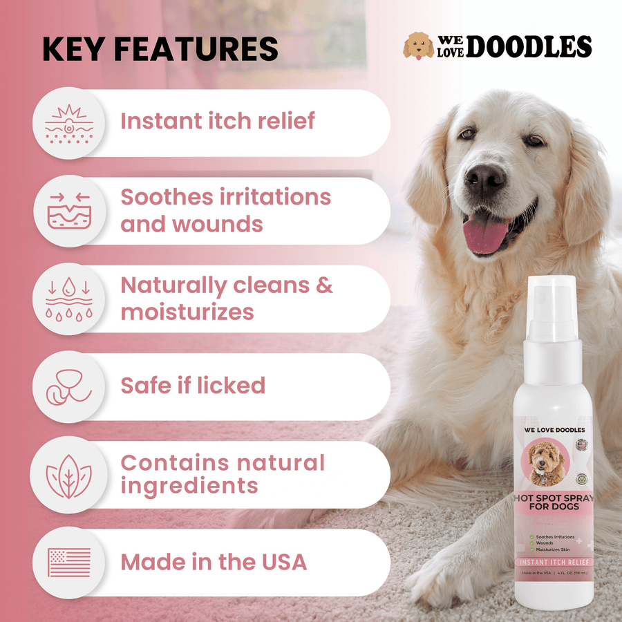 Pink and white graphic with a dog on carpet and a product bottle. Text lists instant itch relief, soothes irritations and wounds, cleans and moisturizes, safe if licked, and made in the USA.
