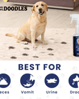 A yellow dog sits on a light rug with muddy paw prints. The bottom panel shows icons for feces vomit urine and drool. The product spray bottle appears on the right.