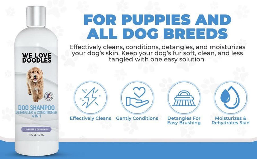 Single We Love Doodles Dog Shampoo bottle beside text that says for puppies and all dog breeds with icons for cleans, conditions, detangles, and moisturizes.
