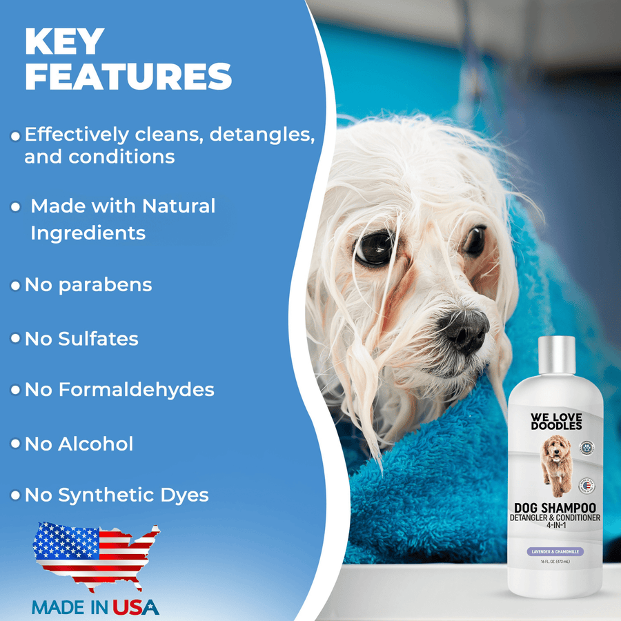 A small wet dog wrapped in a blue towel sits next to a We Love Doodles shampoo bottle. Text notes cleans detangles and conditions and lists no parabens or sulfates.
