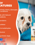 Orange and white graphic with a wet dog wrapped in a blue towel beside a Mango shampoo bottle. Text lists natural ingredients and no parabens, no sulfates, no alcohol, no formaldehydes, no synthetic dyes, plus a Made in USA badge.