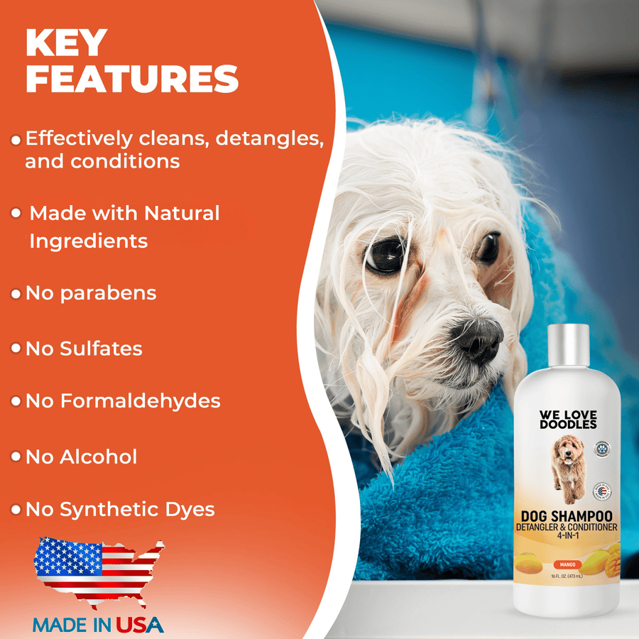 Orange and white graphic with a wet dog wrapped in a blue towel beside a Mango shampoo bottle. Text lists natural ingredients and no parabens, no sulfates, no alcohol, no formaldehydes, no synthetic dyes, plus a Made in USA badge.