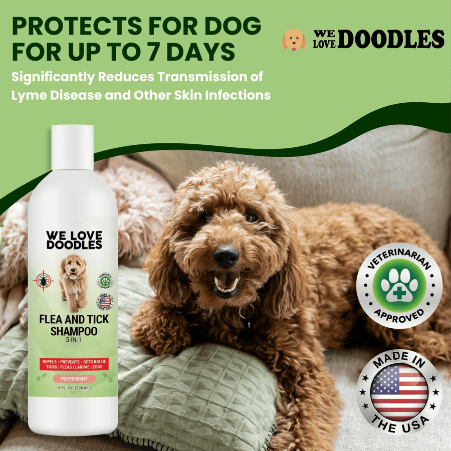 Curly tan dog lies on a couch pillow beside the product bottle. Badges read veterinarian approved and made in the USA with text about up to 7 days protection.