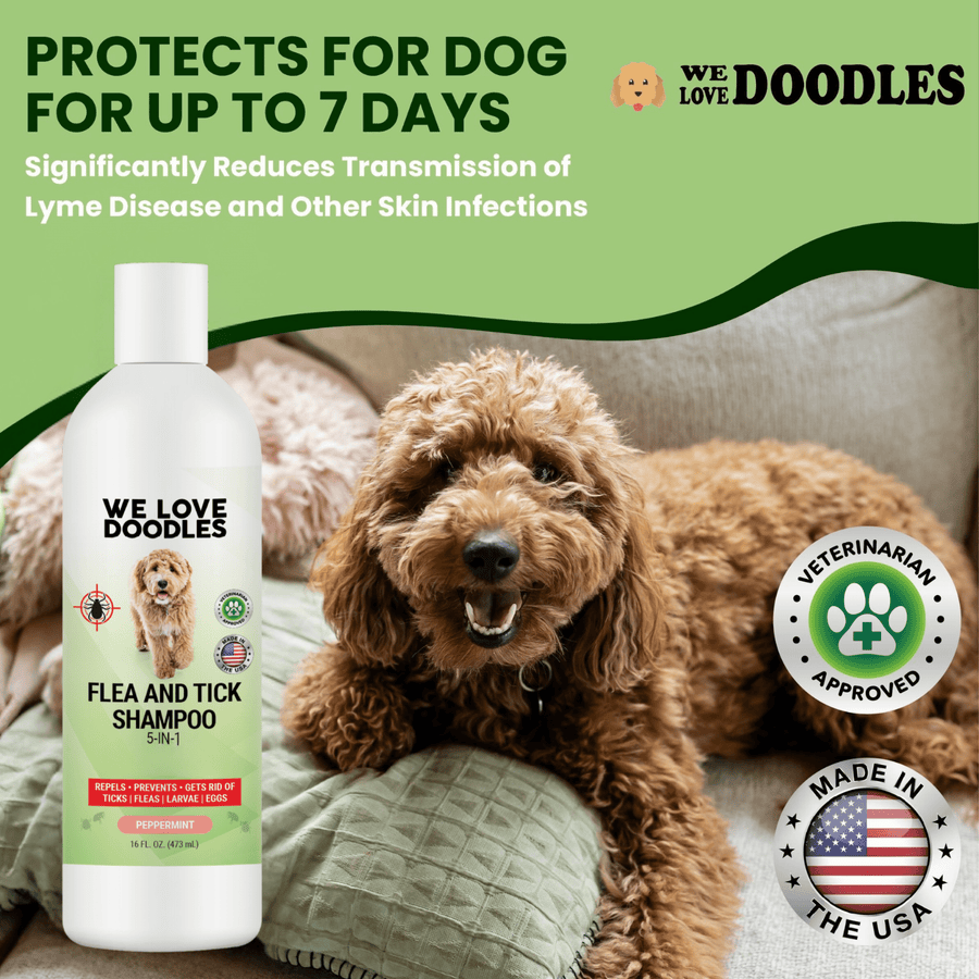 A relaxed doodle lies on a couch near the shampoo bottle. Round badges show veterinarian approved and Made in the USA and mention up to 7 days of protection.