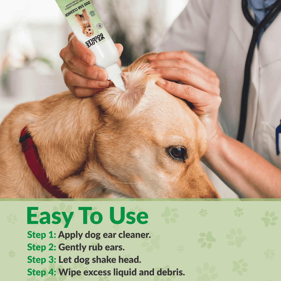 Person applies ear cleaner to a dog with a step list that says apply cleaner, gently rub, let the dog shake, then wipe excess liquid and debris.